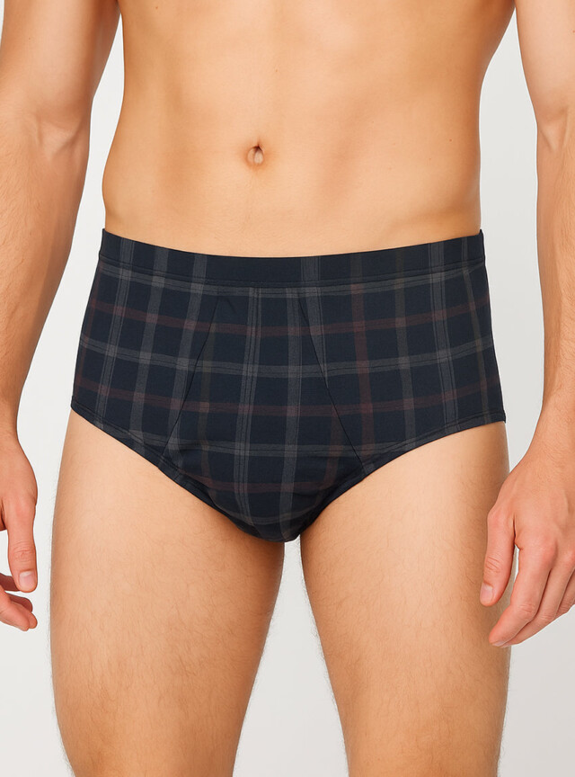 Slip ouvert homme en coton carreaux bleu marine par la marque MAISON SOLFIN MAISON SOLFIN - Slip ouvert homme en coton carreaux bleu marine