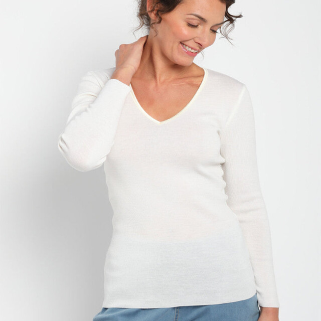 Maison-solfin - Tee Shirt femme laine mérinos manches longues col V Blanc naturel – 4