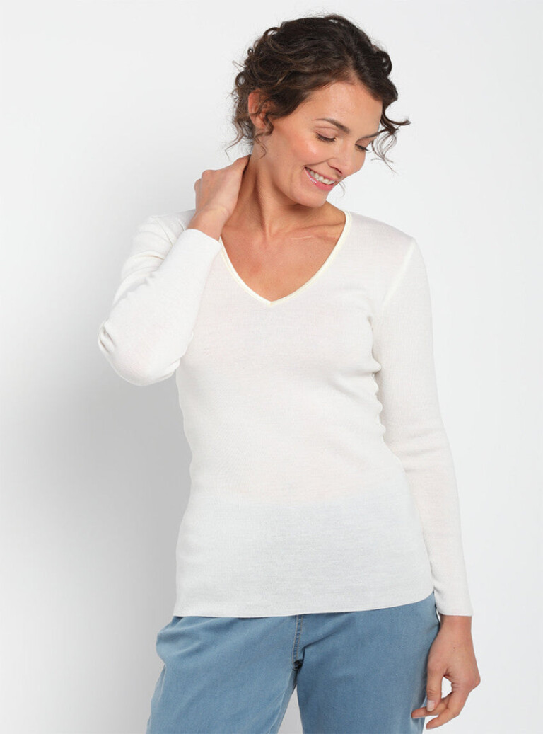 Maison-solfin - Tee Shirt femme laine mérinos manches longues col V  Blanc naturel – 4