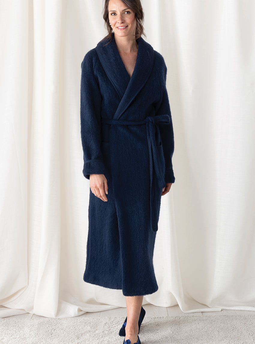 3851 MAR 1 robe de chambre femme laine bleu marine Maison-solfin - Robe de chambre femme en laine des Pyrénées bleu marine – XL