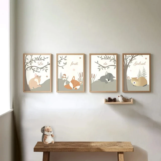 L’Atelier BABY’SPHERE - Lot de 4 affiches bébé avec des animaux de la forêt