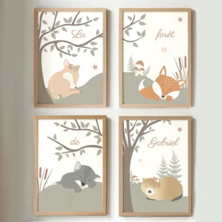 Lot de 4 affiches bébé avec des animaux de la forêt par la marque L’Atelier BABY’SPHERE L’Atelier BABY’SPHERE - Lot de 4 affiches bébé avec des animaux de la forêt