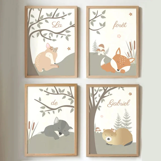 Atelier Baby’Sphère - Lot de 4 affiches bébé avec des animaux de la forêt – 4 affiches A4 imprimées (Envoi postal)