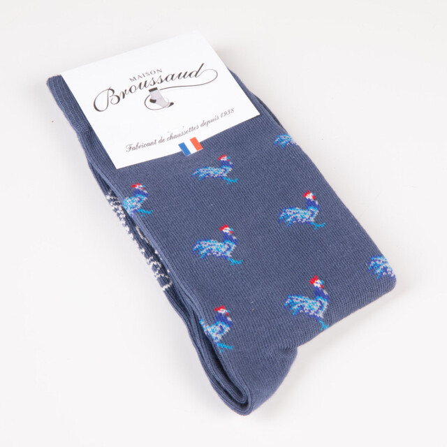 Maison Broussaud - Les Coqs - chaussettes homme - coton bleu – 43/46 / Mousson