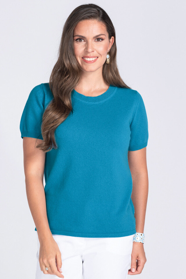 Pull femme manches courtes en cachemire, bleu par la marque MAISON SOLFIN MAISON SOLFIN - Pull femme manches courtes en cachemire, bleu