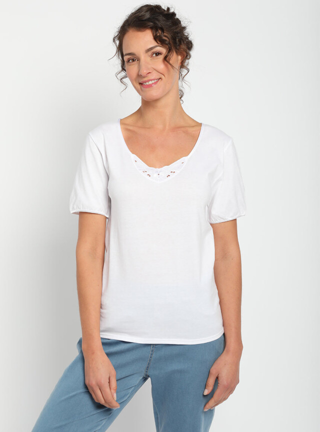 MAISON SOLFIN - Tee-shirt femme col V brodé en coton peigné blanc