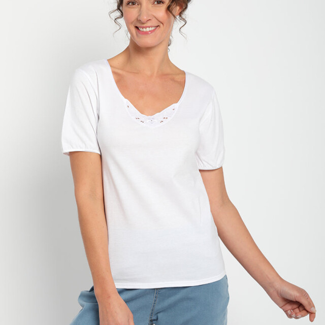 Maison-solfin - Tee-shirt femme col V brodé en coton peigné blanc – 5