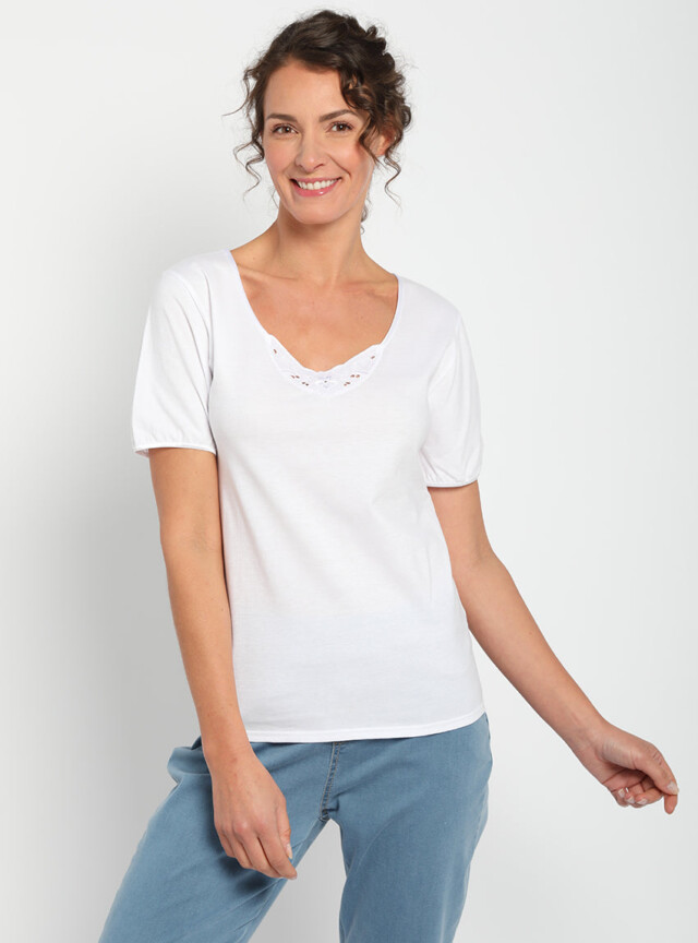 Maison-solfin - Tee-shirt femme col V brodé en coton peigné blanc – 5