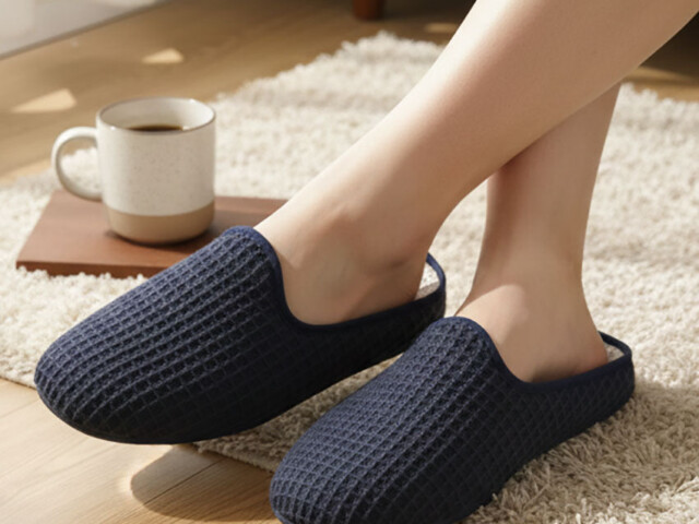 4990 MAR 1 chausson femme coton bleu marine Maison Solfin - Chaussons en coton nid d'abeille bleu marine – 41