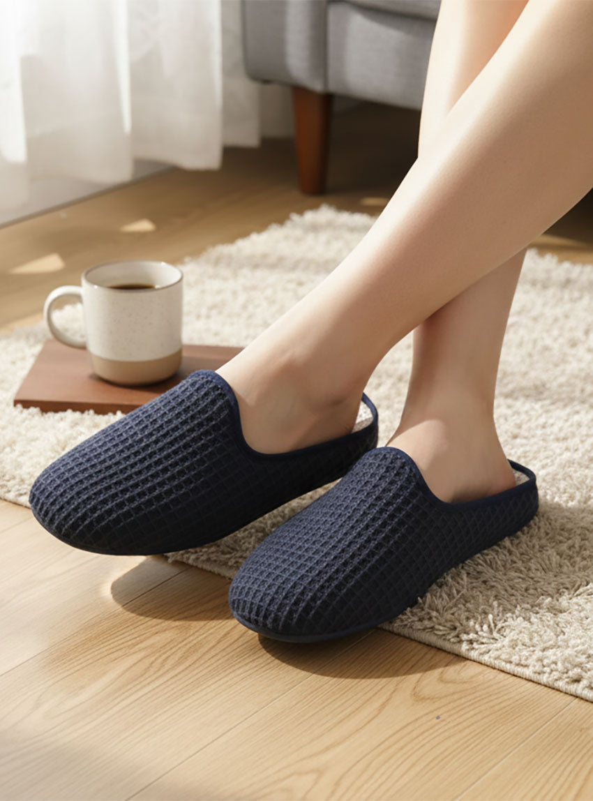 4990 MAR 1 chausson femme coton bleu marine Maison Solfin - Chaussons en coton nid d'abeille bleu marine – 41