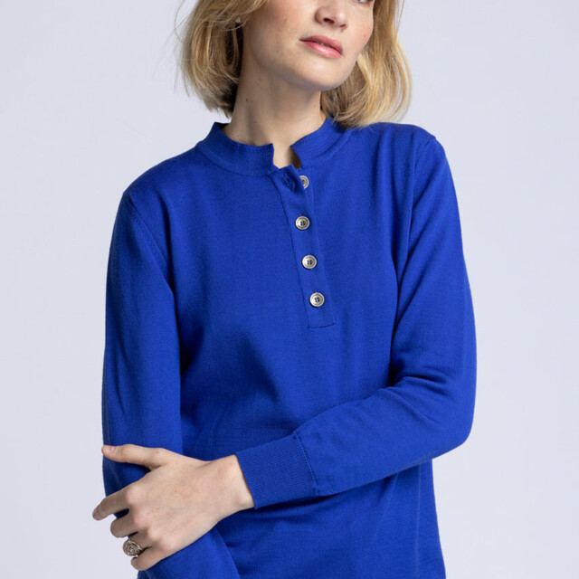 Maison-solfin - Pull femme col montant en laine merinos bleu dur – 50