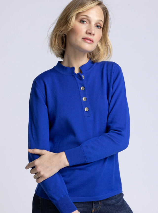 Maison-solfin - Pull femme col montant en laine merinos bleu dur – 50