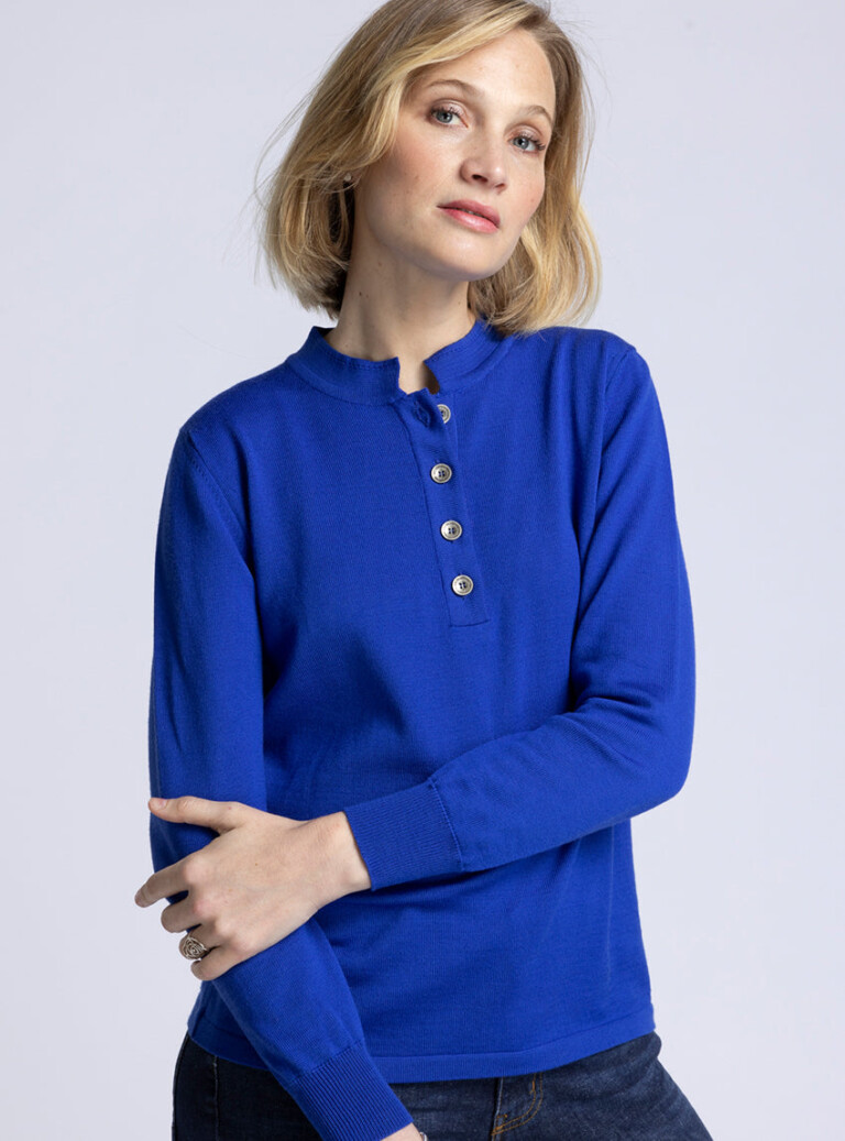 Maison-solfin - Pull femme col montant en laine merinos bleu dur – 50