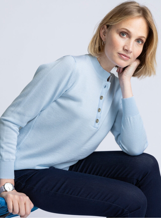 Maison-solfin - Pull femme col montant en laine mérinos bleu pastel – 36