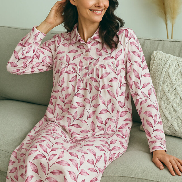 Maison-solfin - Chemise de nuit femme imprimés fleuris en coton feuilles roses – 5