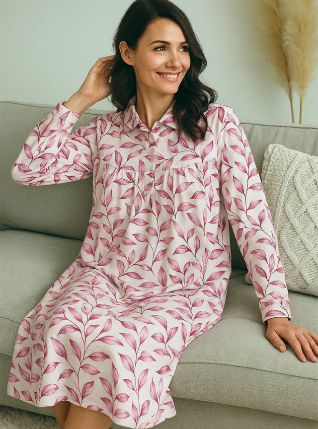 Maison-solfin - Chemise de nuit femme imprimés fleuris en coton feuilles roses – 5