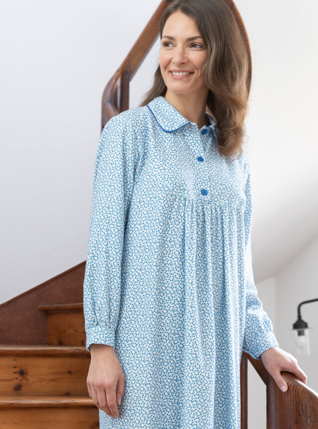 MAISON SOLFIN - Chemise de nuit femme imprimés fleuris en coton pétales bleues