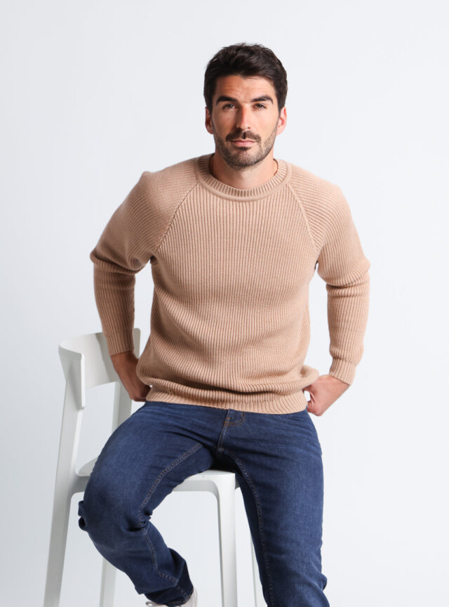 MAISON SOLFIN - Pull homme en laine maille perlée Beige Chaud