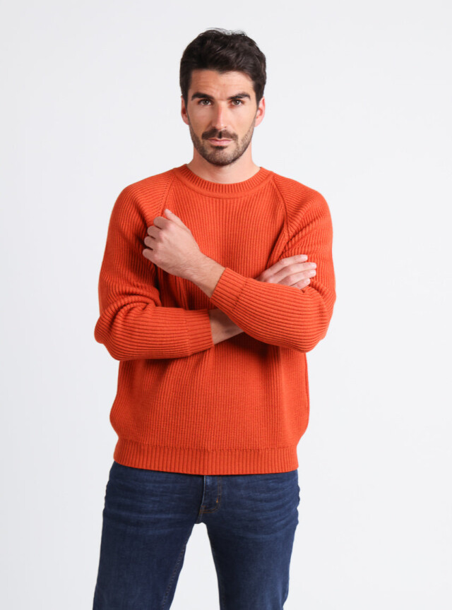 Maison-solfin - Pull homme en laine maille perlée Orange Confite – 6