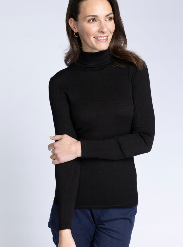 Maison-solfin - Pull femme col roulé laine et soie Noir – 4