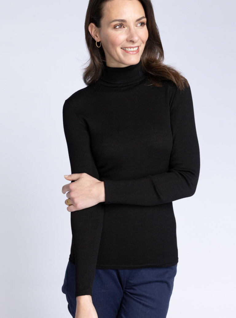 Maison-solfin - Pull femme col roulé laine et soie Noir – 4