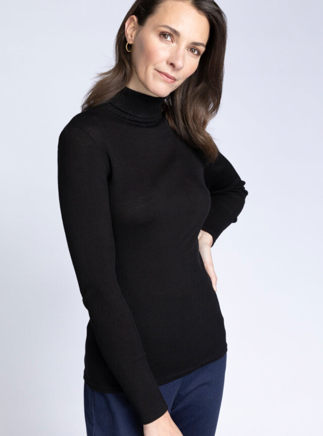 Maison-solfin - Pull femme col roulé laine et soie Noir – 4