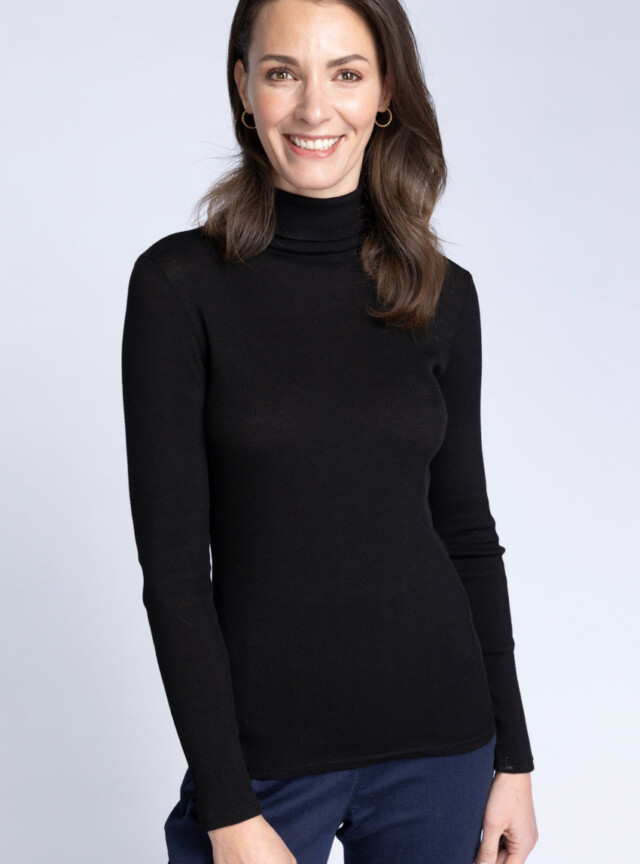 Maison-solfin - Pull femme col roulé laine et soie Noir – 4