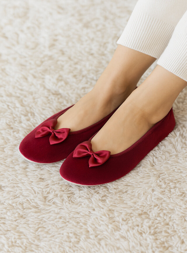 MAISON SOLFIN - Chaussons ballerines femme en coton rouge bordeaux