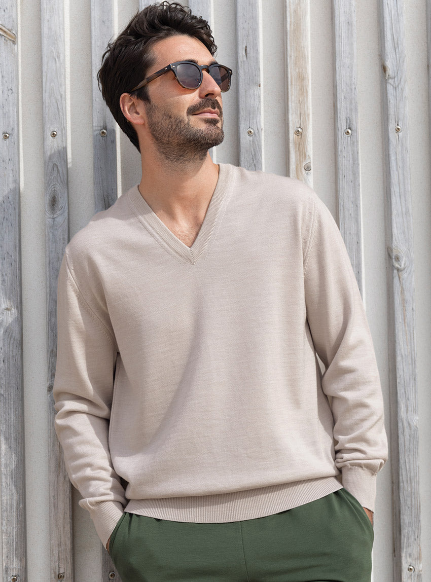 600 BNL 1 pull homme laine merinos beige naturel Maison Solfin - Pull homme col V 100% mérinos beige naturel – 6