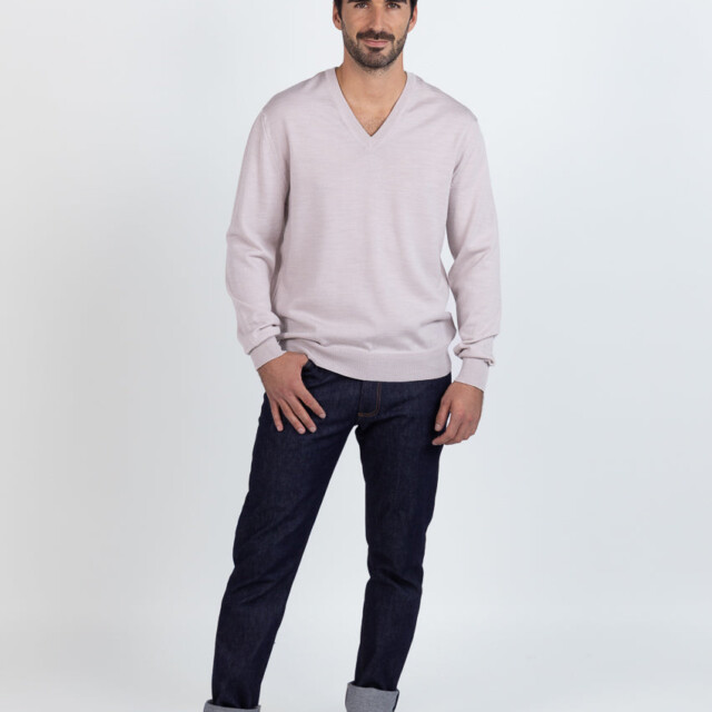 Maison Solfin - Pull homme col V 100% mérinos beige naturel – 6