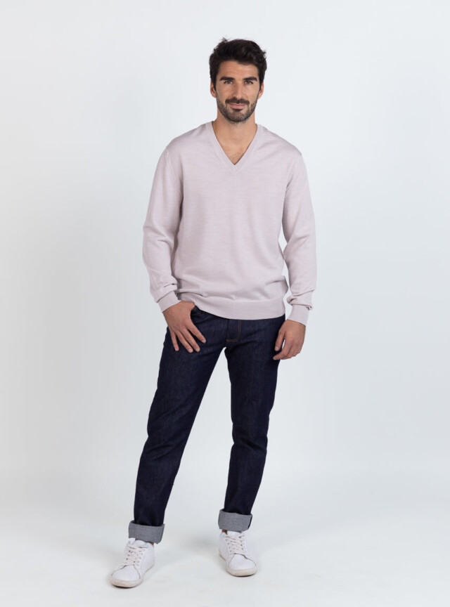 Maison Solfin - Pull homme col V 100% mérinos beige naturel – 6