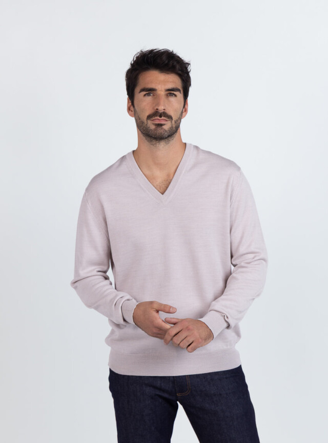 Maison Solfin - Pull homme col V 100% mérinos beige naturel – 6