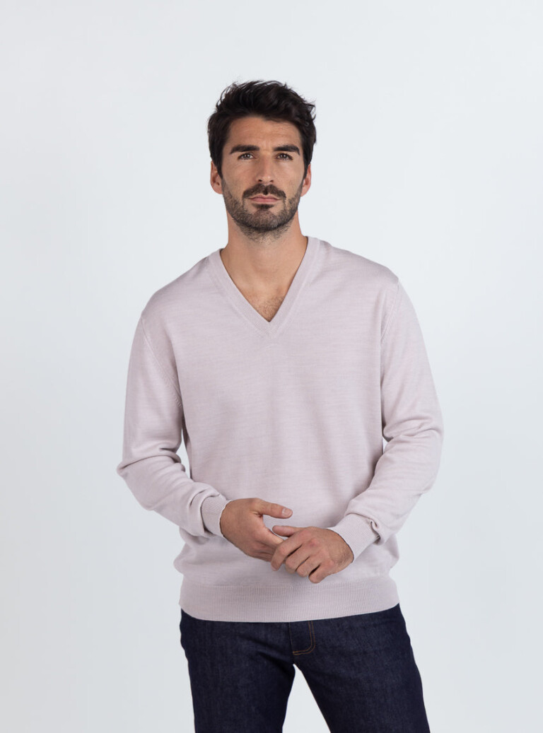Maison Solfin - Pull homme col V 100% mérinos beige naturel – 6