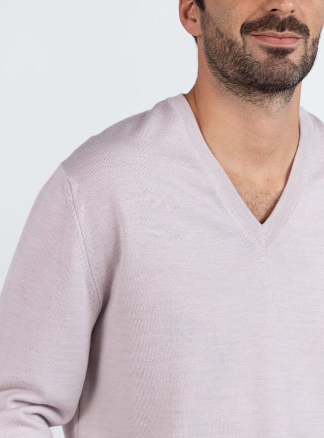 Maison Solfin - Pull homme col V 100% mérinos beige naturel – 6