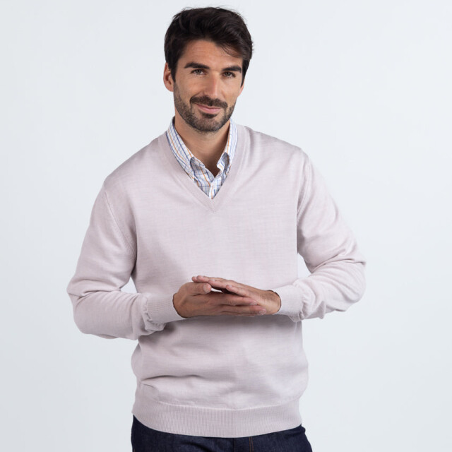 Maison Solfin - Pull homme col V 100% mérinos beige naturel – 6