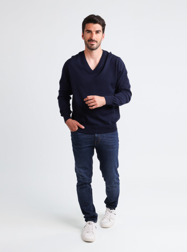 Maison-solfin - Pull homme col V 100% laine mérinos bleu marine – 6