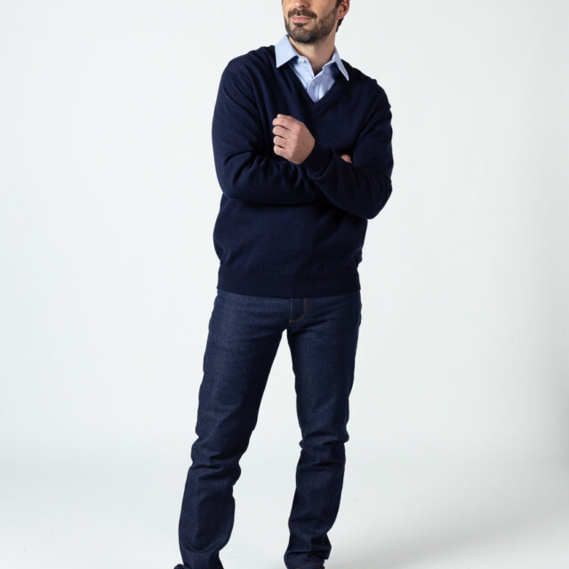 Maison-solfin - Pull homme col V 100% laine mérinos bleu marine – 6