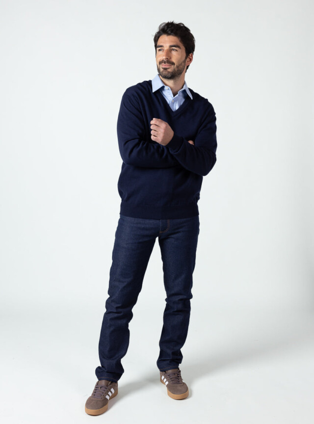 Maison-solfin - Pull homme col V 100% laine mérinos bleu marine – 6