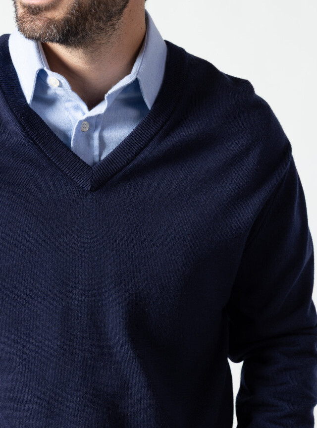 Maison-solfin - Pull homme col V 100% laine mérinos bleu marine – 6