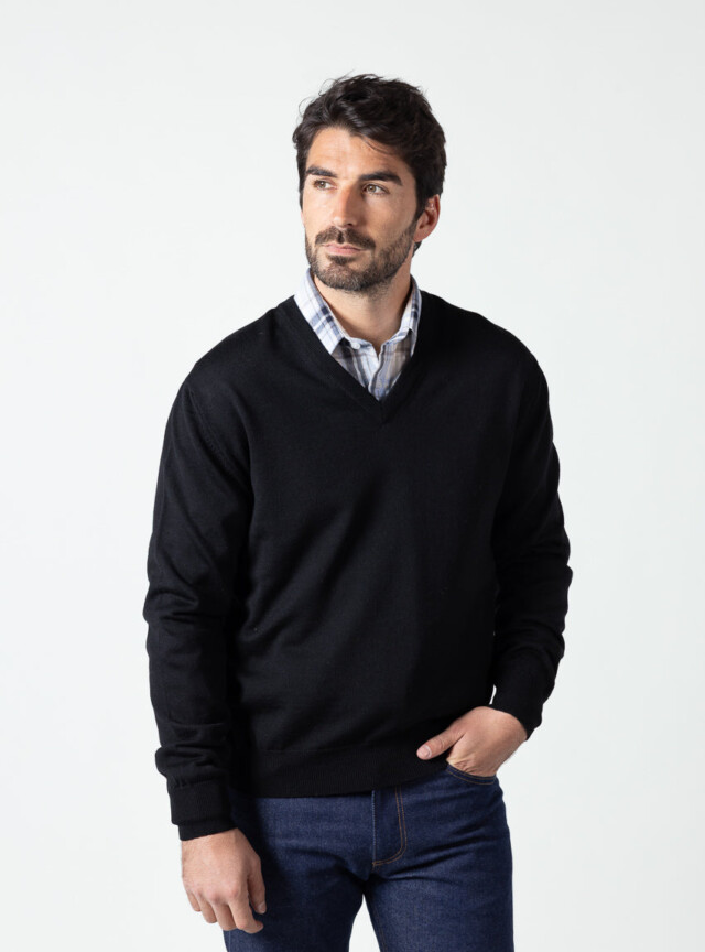 Pull homme col v 100% laine mérinos Noir par la marque MAISON SOLFIN MAISON SOLFIN - Pull homme col v 100% laine mérinos Noir
