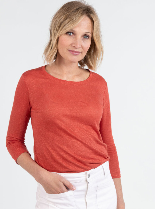 Maison Solfin - Tee-shirt femme en lin manches 3/4 orange épicé – 5