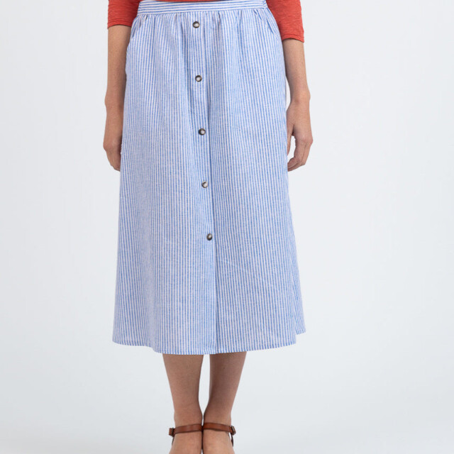 Maison Solfin - Jupe femme ample en coton et lin rayé bleu – 5