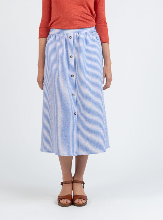 Maison Solfin - Jupe femme ample en coton et lin rayé bleu – 5