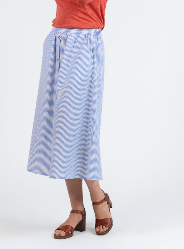 Maison Solfin - Jupe femme ample en coton et lin rayé bleu – 5