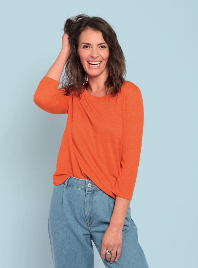 Tee-shirt femme en lin manches 3/4 orange agrume par la marque MAISON SOLFIN MAISON SOLFIN - Tee-shirt femme en lin manches 3/4 orange agrume