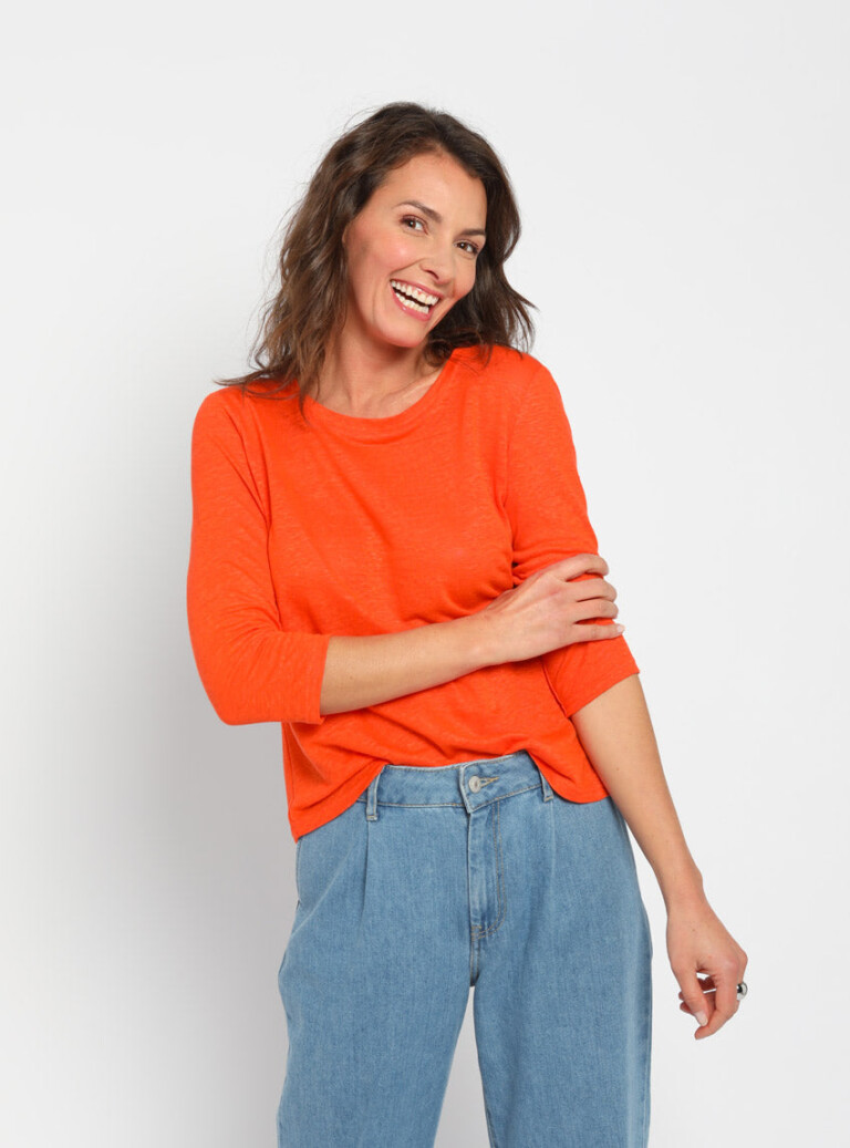 Maison-solfin - Tee-shirt femme en lin manches 3/4 orange agrume – 4