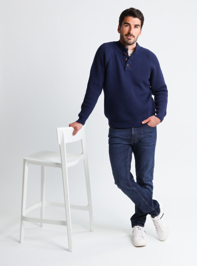 Maison-solfin - Pull camionneur homme en laine mérinos Bleu Amiral – 6
