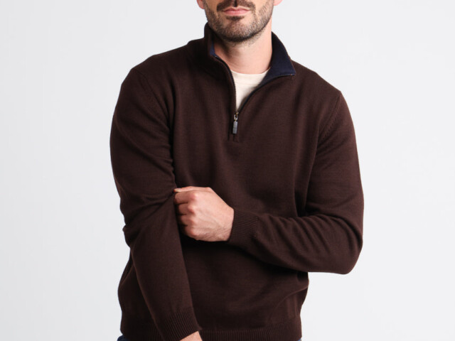 Maison Solfin - Pull homme col camionneur en laine marron – 6