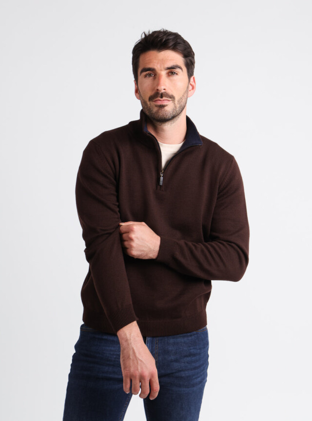 MAISON SOLFIN - Pull homme col camionneur en laine marron