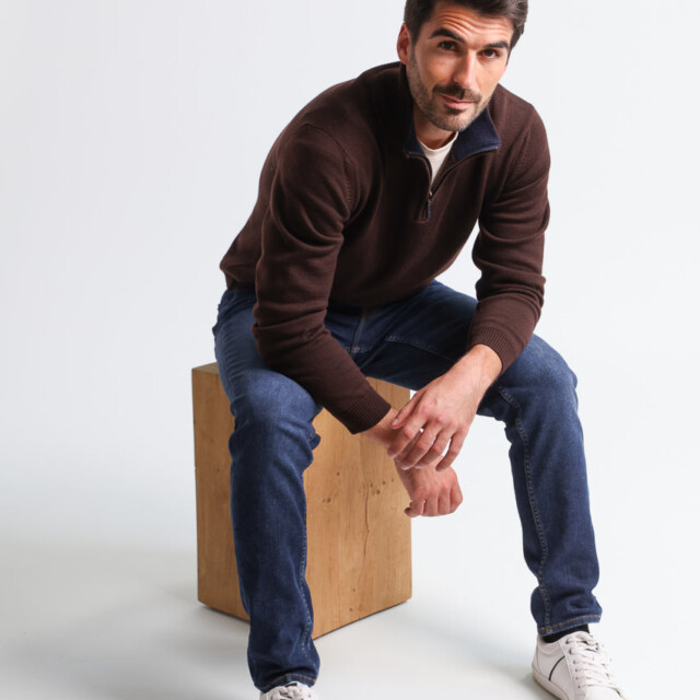 Maison Solfin - Pull homme col camionneur en laine marron – 6